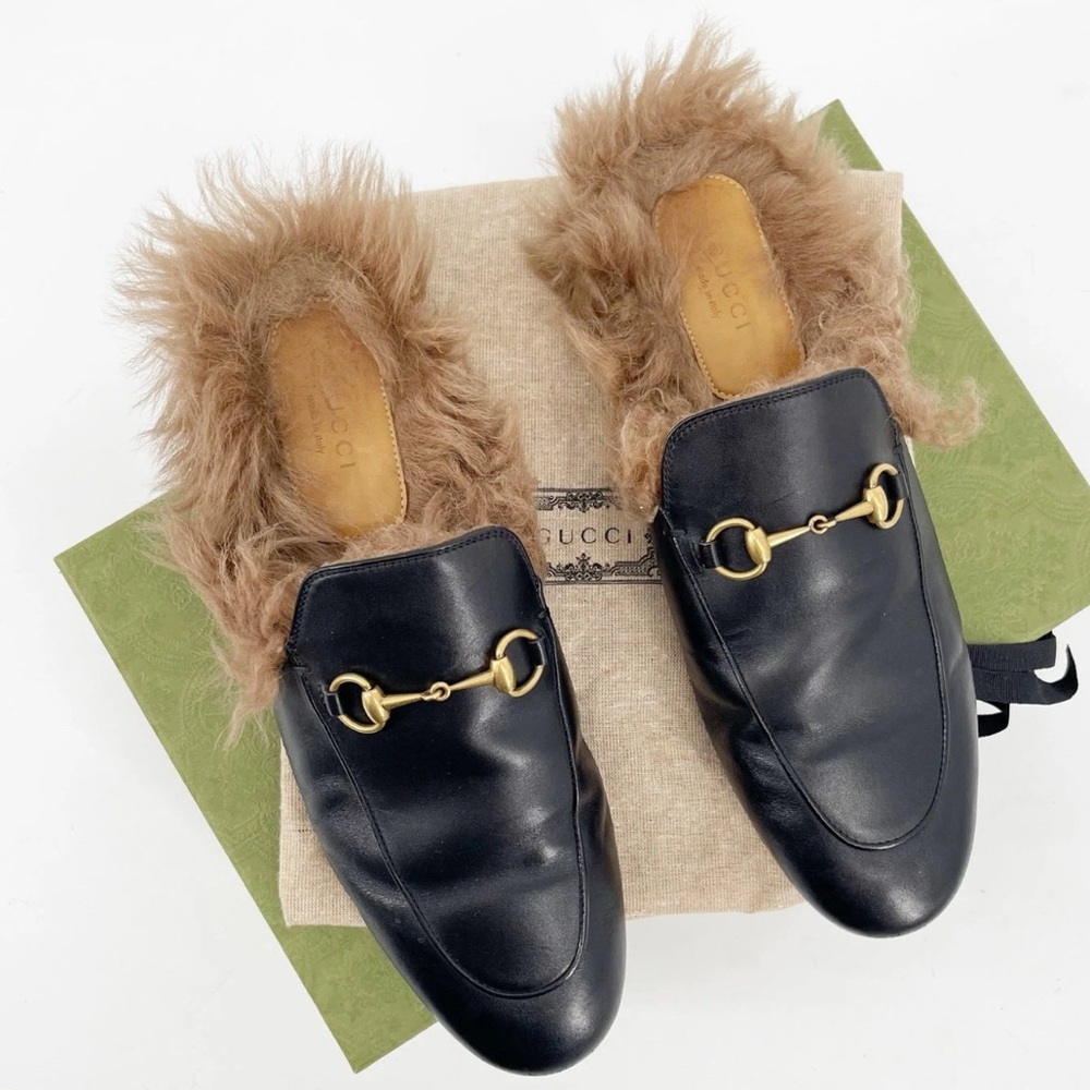 Gucci Black Leather Fur-Lined Loafers sz 40
